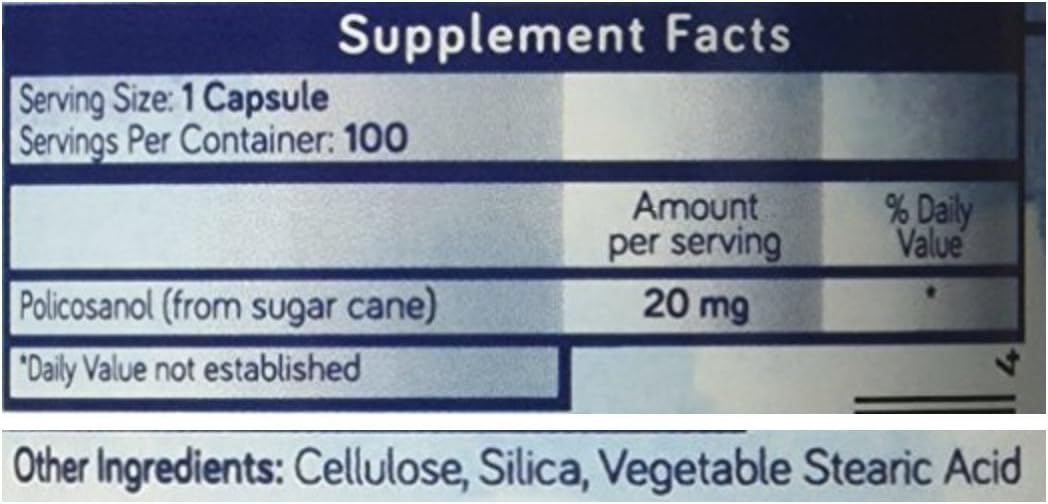 Policosanol 20mg - Suplemento Cardiovascular - Purethentic Naturals (100 Cápsulas)