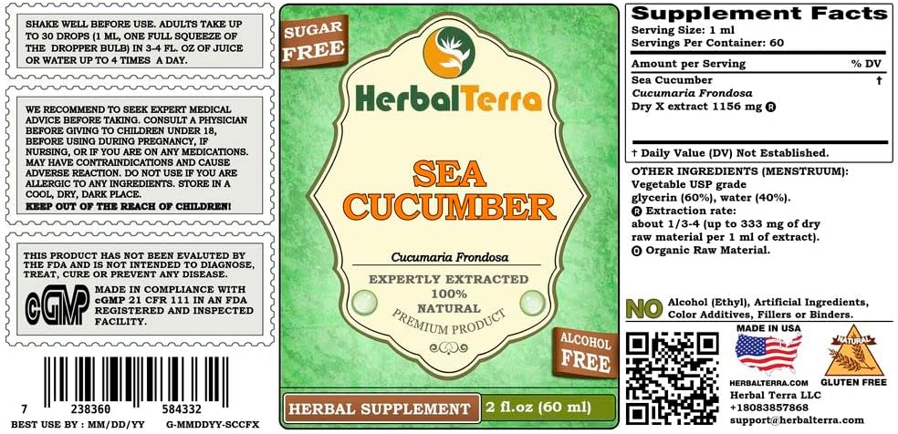Sea Cucumber (Cucumaria Frondosa) Glicerita, Extracto Líquido Sin Alcohol 60 ml