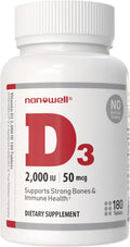 NANOWELL Vitamin D3 2000 IU (50 mcg) - 180 Comprimidos para Huesos e Inmunidad