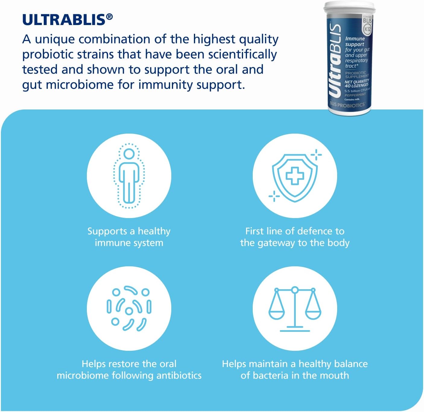 BLIS UltraBLIS Probióticos Orales K12 - Salud Inmune y Digestiva - 40 Pastillas sabor menta