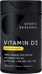 Sports Research Vitamina D3 5000 UI con Aceite de Coco MCT - Alta Potencia, 125 mcg, 360 Cápsulas Blandas
