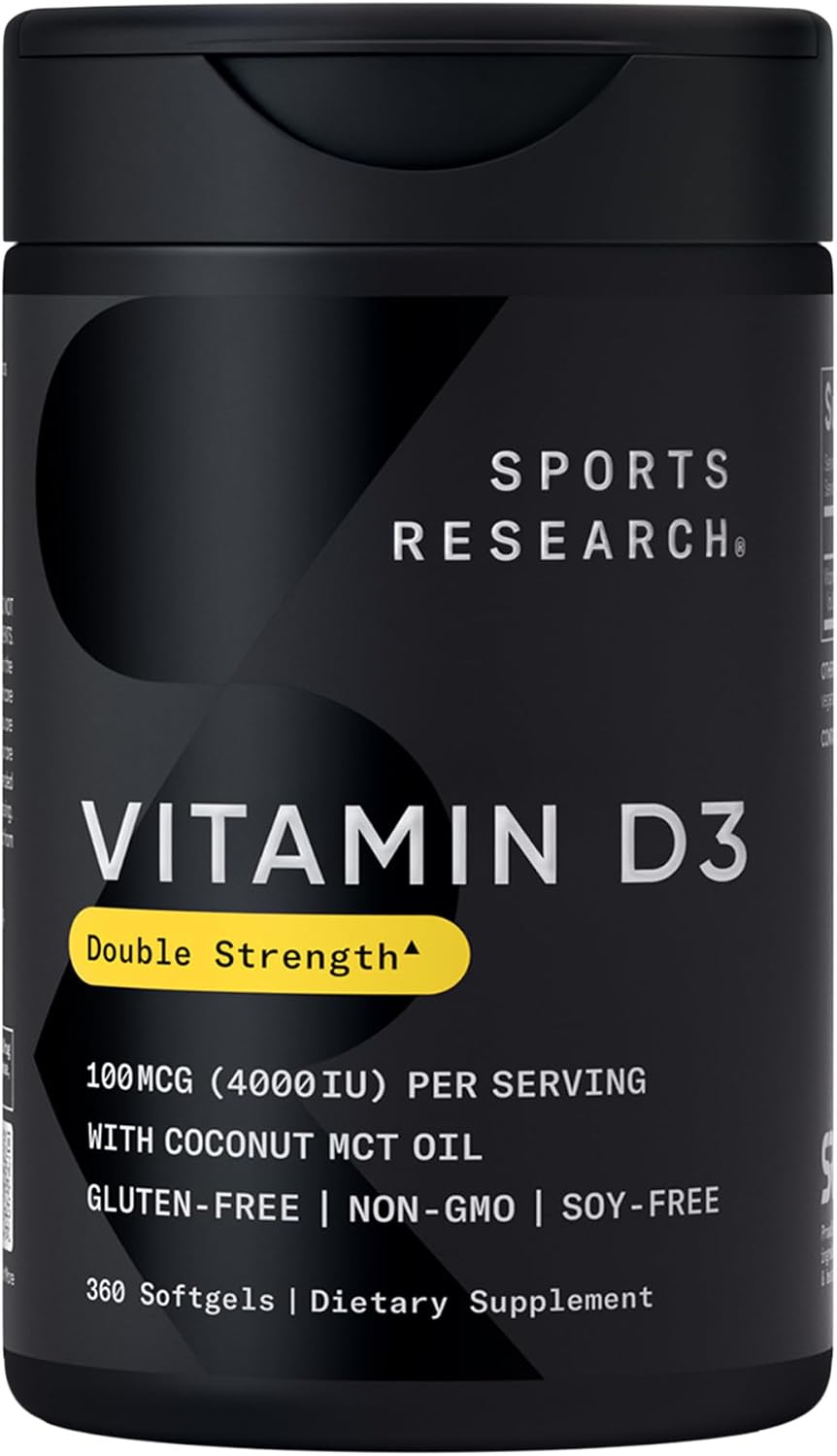 Sports Research Vitamina D3 5000 UI con Aceite de Coco MCT - Alta Potencia, 125 mcg, 360 Cápsulas Blandas