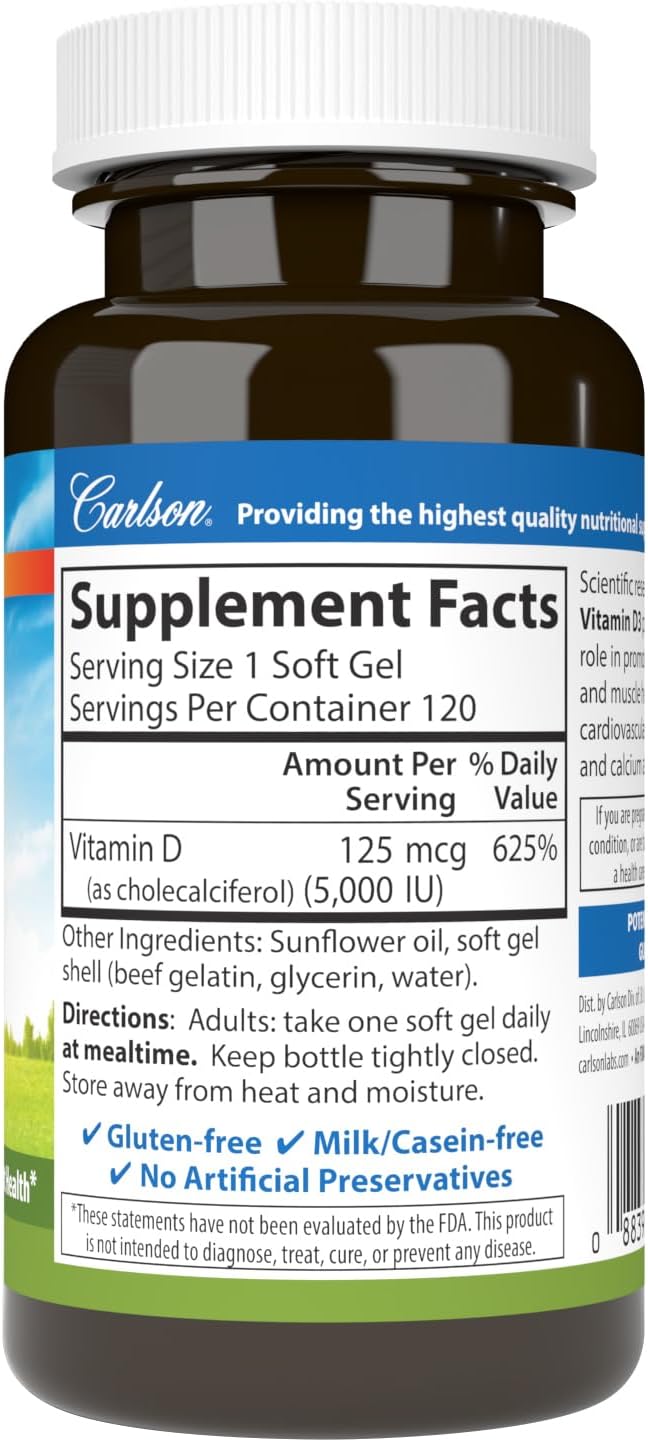 Carlson - Vitamina D3 5000 UI (125 mcg), 120 Cápsulas Blandas