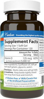 Carlson - Vitamina D3 5000 UI (125 mcg), 120 Cápsulas Blandas