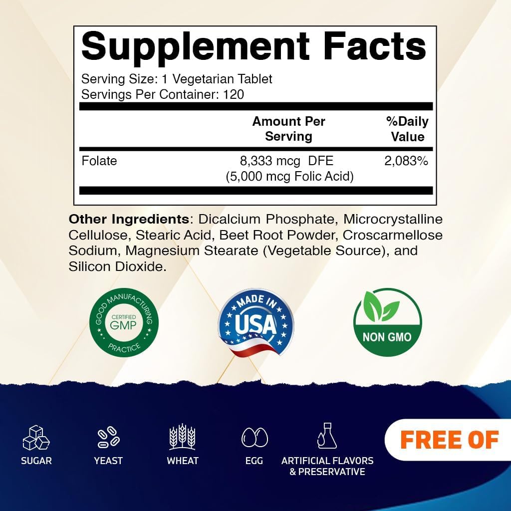 Vitamatic Ácido Fólico 5 mg (5.000 mcg) 120 Comprimidos Vegetales | Vitamina B9 | 8.333 mcg DFE Folato