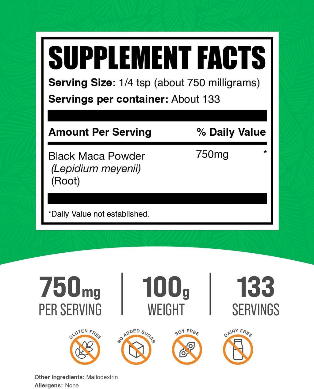 Polvo de Maca Negra BulkSupplements.com - Suplemento de Raíz de Maca Negra, Suplemento Herbal para Hombres y Mujeres - Vegano, Sin Gluten, 750mg por Ración, 100g (3.5 oz) (Paquete de 1)