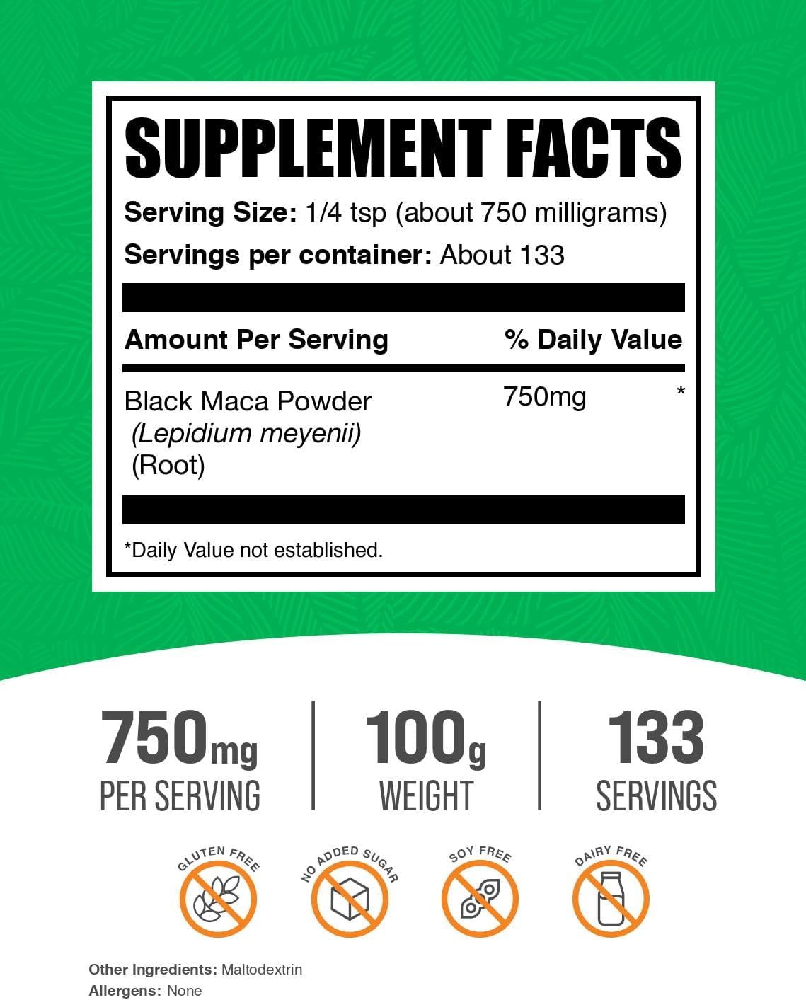Polvo de Maca Negra BulkSupplements.com - Suplemento de Raíz de Maca Negra, Suplemento Herbal para Hombres y Mujeres - Vegano, Sin Gluten, 750mg por Ración, 100g (3.5 oz) (Paquete de 1)