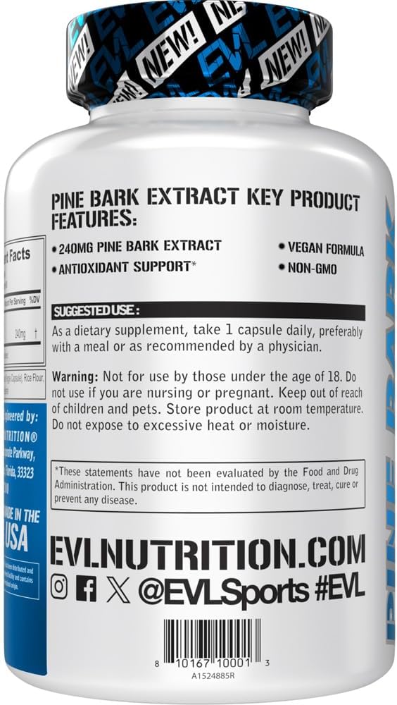 Evlution Nutrition Extracto de Corteza de Pino - 240 mg por Cápsula - 95% Proantocianidinas - Vegano y Sin OGM - 90 Cápsulas Vegetales