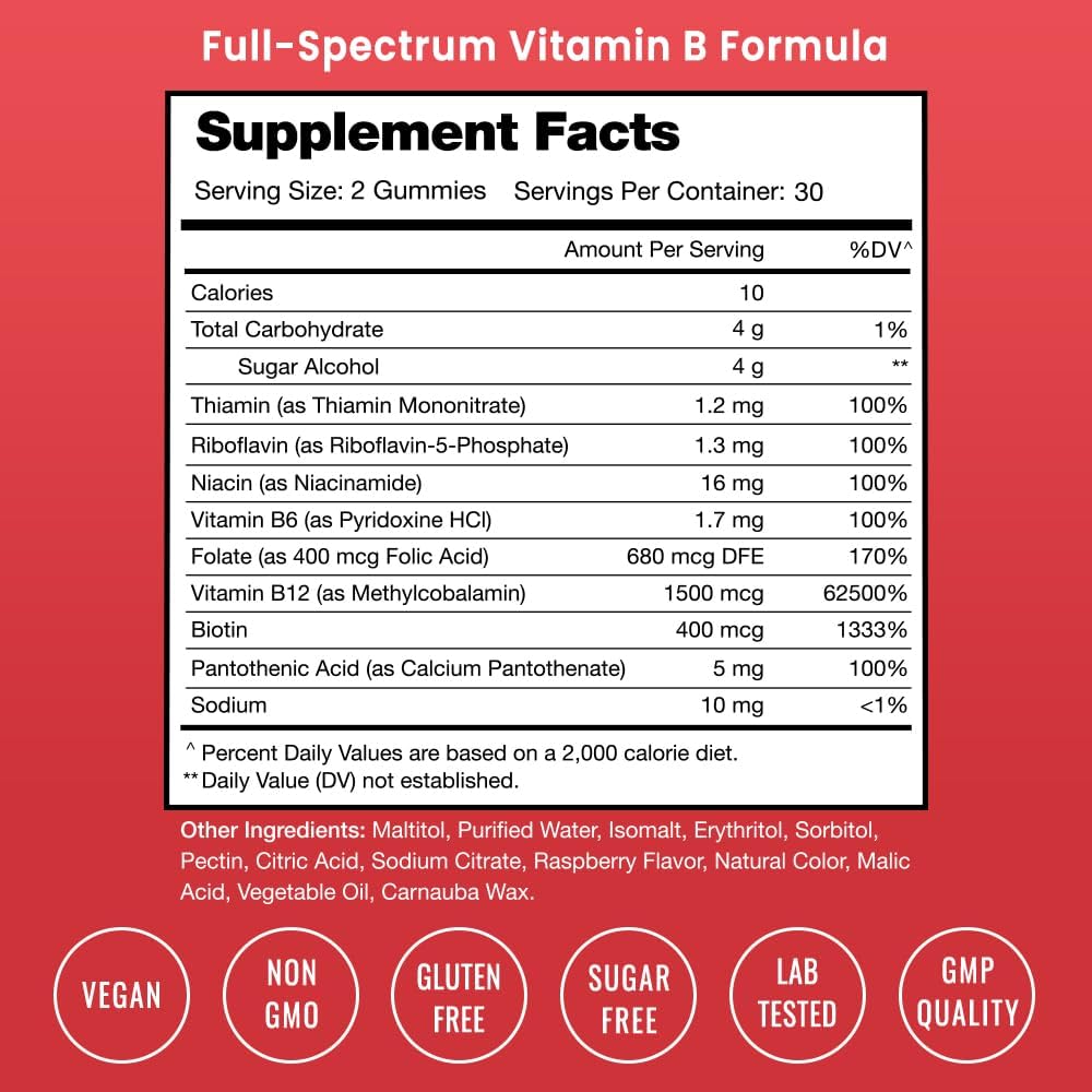 NutraChamps Complejo B en Gomitas - Vitaminas B1, B2, B3, B5, B6, B7, B9, B12 (Metilcobalamina) - Sabor Frambuesa - Vegano y Sin Gluten