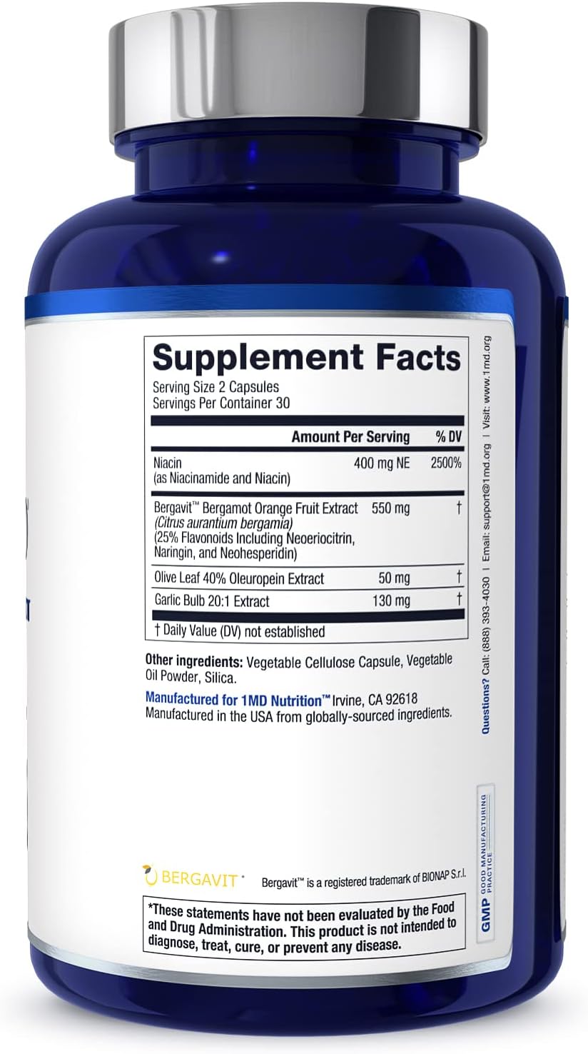 1MD Nutrition CholestMD con Extracto de Hoja de Olivo, Bergavit, Niacina, Ajo - 120 Cápsulas (2 Envases)