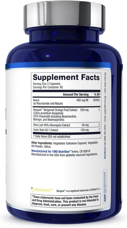 1MD Nutrition CholestMD con extracto de hoja de olivo, Bergavit, Niacina y Ajo | 60 cápsulas