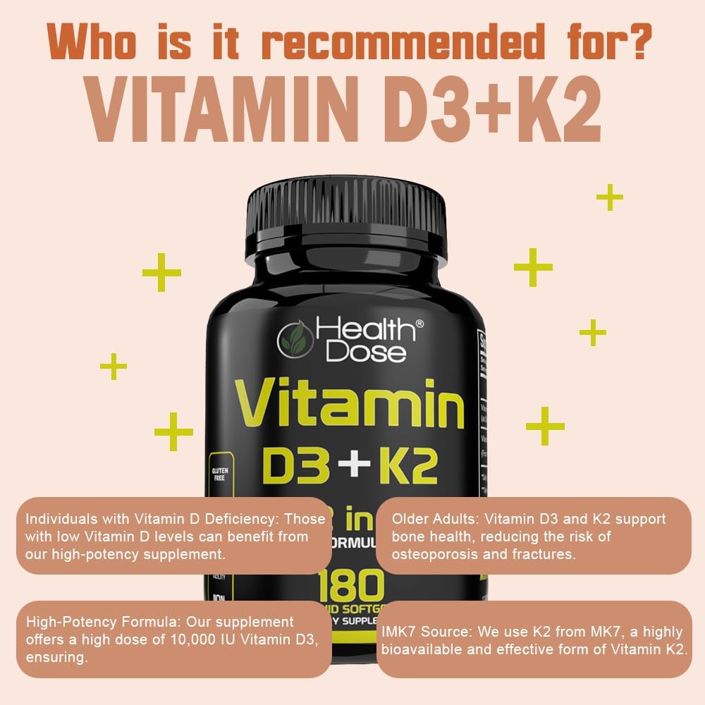 Health Dose Vitamina D3 10.000 UI + K2 (MK7), 180 cápsulas blandas