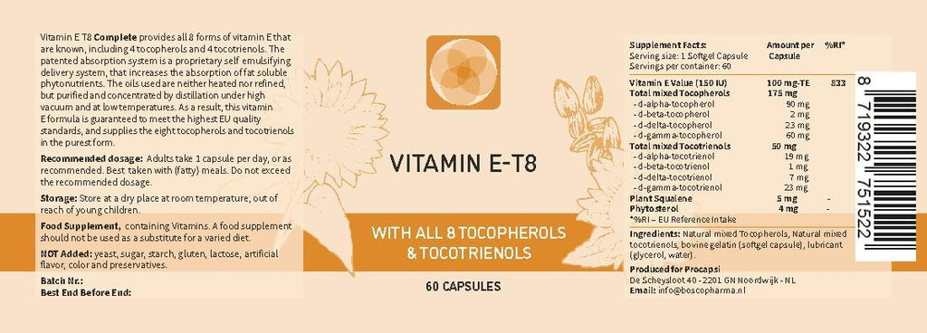 Procapsin Vitamina E Completa con 8 Tocoferoles y Tocotrienoles - 60 Cápsulas