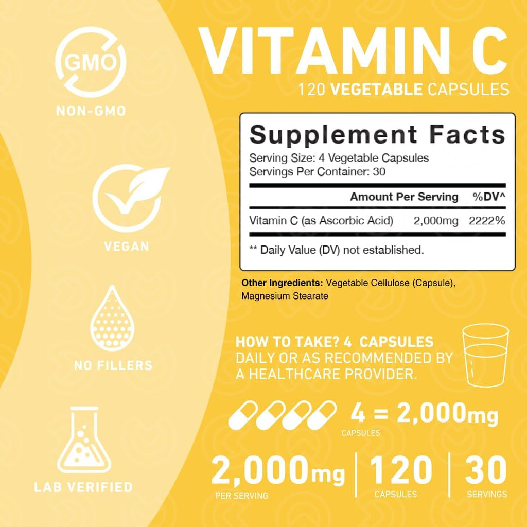 PUREFINITY Vitamina C 2000 mg Cápsulas – Alta Absorción, 120 Cápsulas (1 Mes)