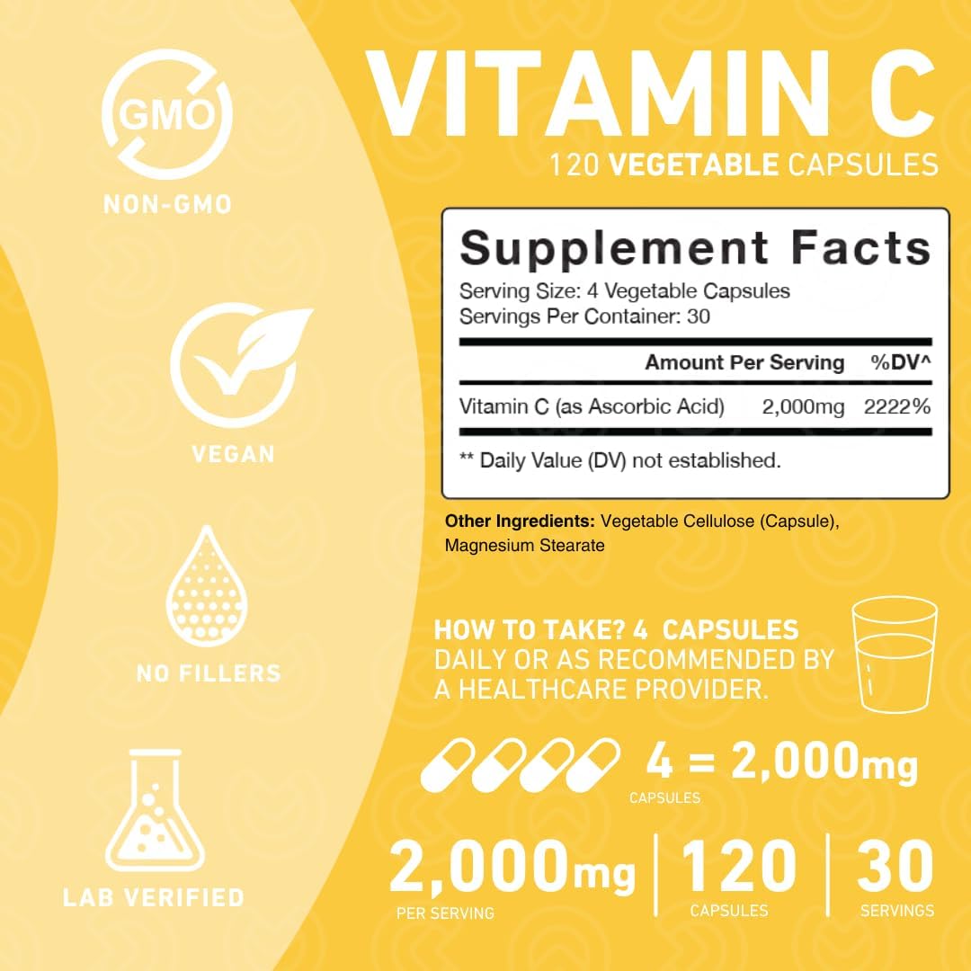 PUREFINITY Vitamina C 2000 mg Cápsulas – Alta Absorción, 120 Cápsulas (1 Mes)