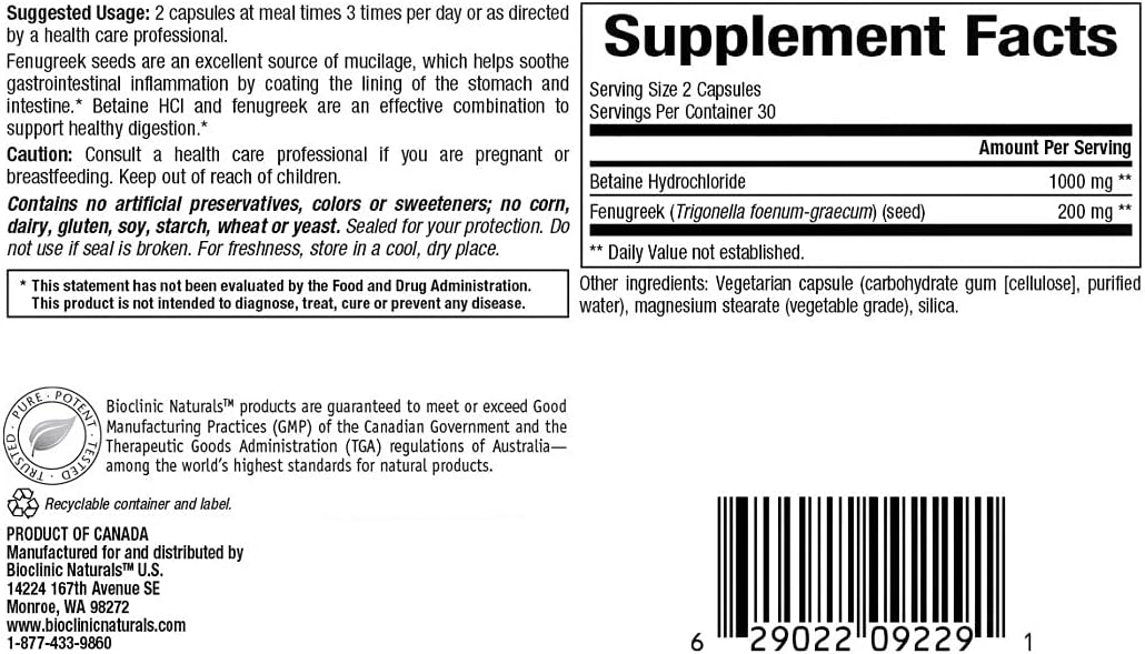 Bioclinic Naturals Betaine HCl con Fenugreek 60 Cápsulas Vegetales