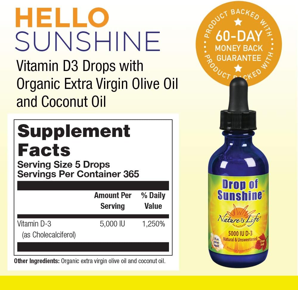 Nature's Life Gota de Sol Vitamina D3 Gotas 5000 UI en Aceite de Oliva Virgen Extra Orgánico y Aceite de Coco