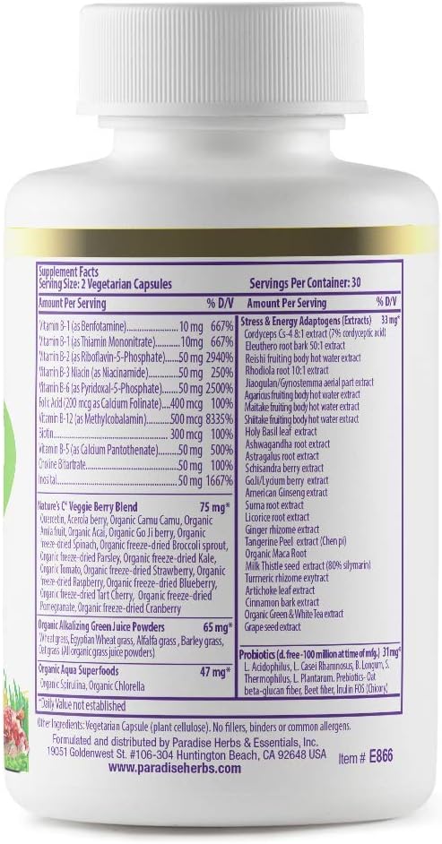 Paradise Herbs Earth's Blend B-Complex - Formas metiladas y enzimáticamente activas de vitaminas B + superalimentos, 60 cápsulas