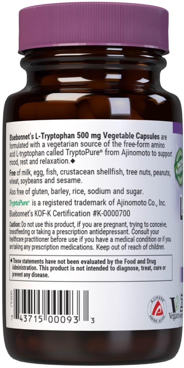 Bluebonnet L-Tryptophan 500 mg - 30 Cápsulas Vegetales