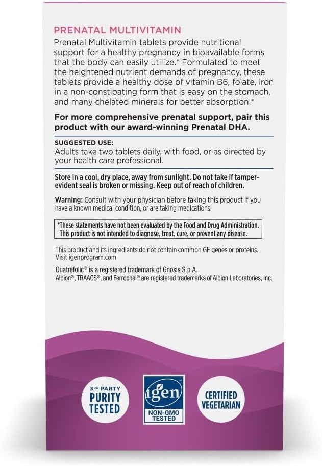 Nordic Naturals Prenatal Multivitamin - Multivitamínico prenatal vegetariano - 22 nutrientes esenciales, incluyendo B6, folato y hierro - 60 comprimidos - 30 dosis