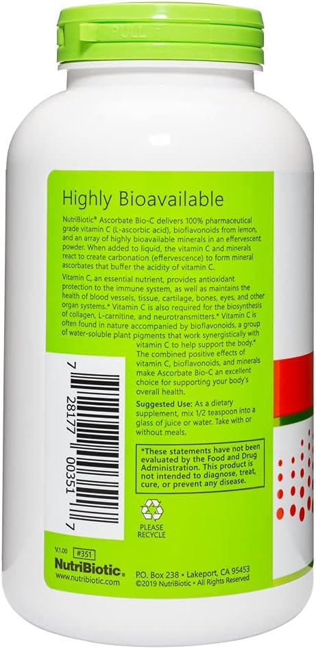 NutriBiotic Ascorbate Bio-C - Polvo efervescente de vitamina C con bioflavonoides de limón y minerales - 454 g