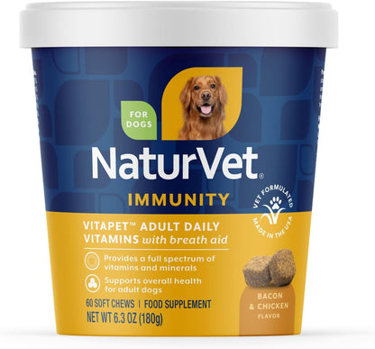 NaturVet VitaPet Vitaminas Diarias para Perros Adultos con Ayuda para el Aliento, 60 Comprimidos Blandos – Image 1