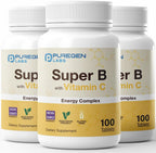 Puregen Labs Super B Energy Complex con Vitamina C - Salud Inmunitaria, Energía y Sistema Nervioso - Sin Gluten, No Transgénico, 100 Comprimidos Vegetales