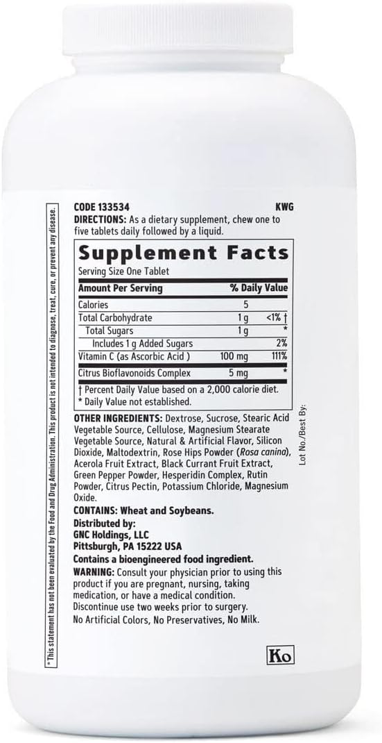 GNC Vitamina C 100mg, Proporciona Apoyo Inmunológico, Frutas Mixtas, 360 Comprimidos Masticables