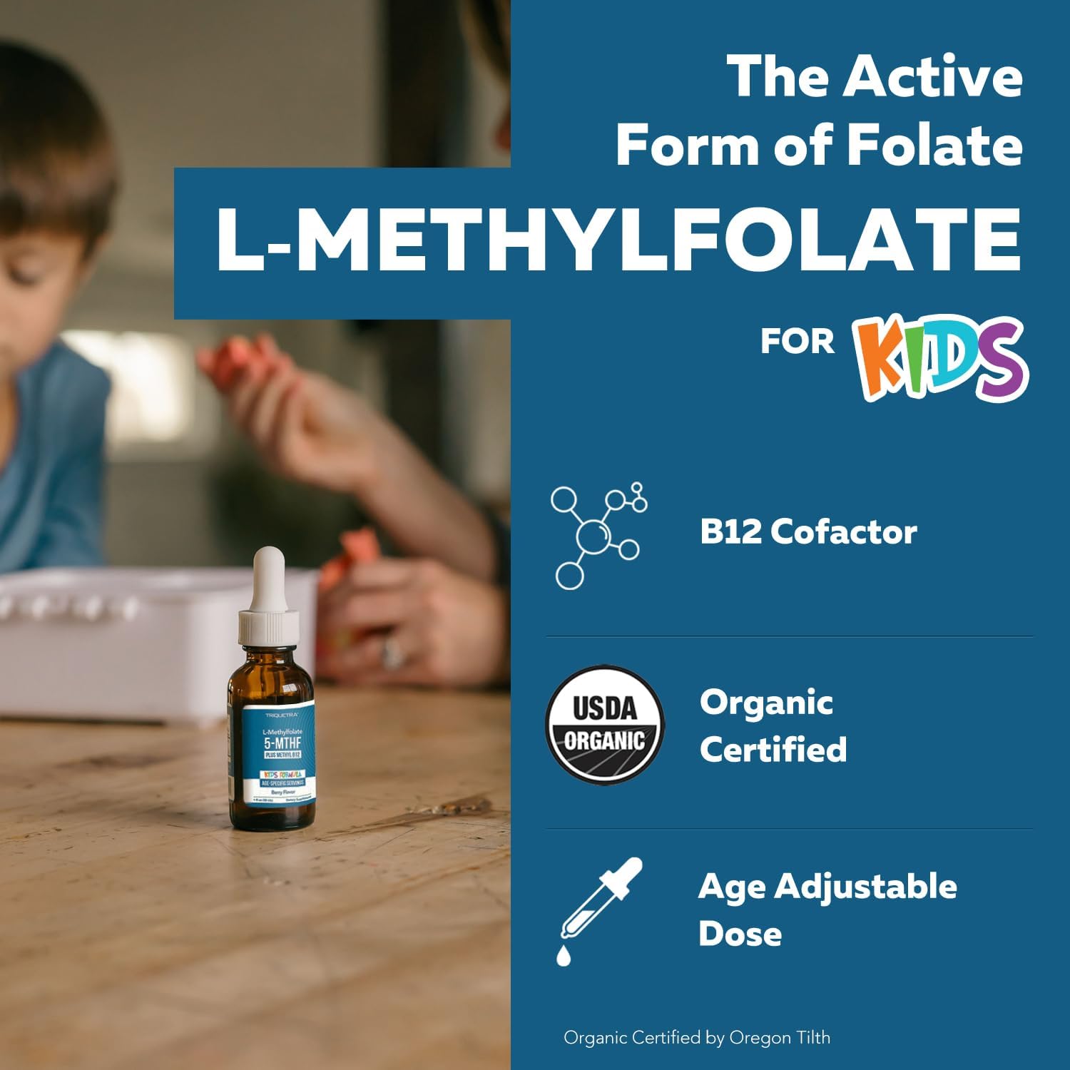 L-Metilfolato Orgánico para Niños + Metil B12 - Forma Sublingual - 5-MTHF - Sabor a Bayas Orgánico - 30 ml