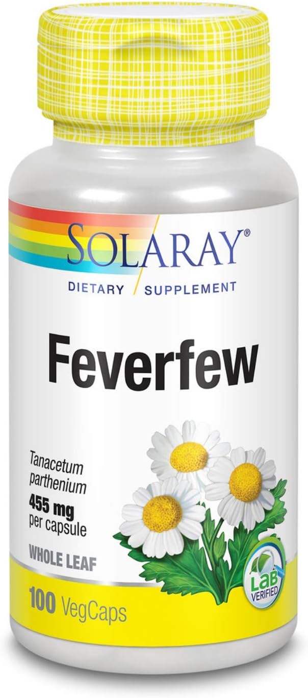 SOLARAY Feverfew Leaves 455 mg | Suplemento para el bienestar de la cabeza y la salud circulatoria | Vegano y No-GMO | 100 Cápsulas