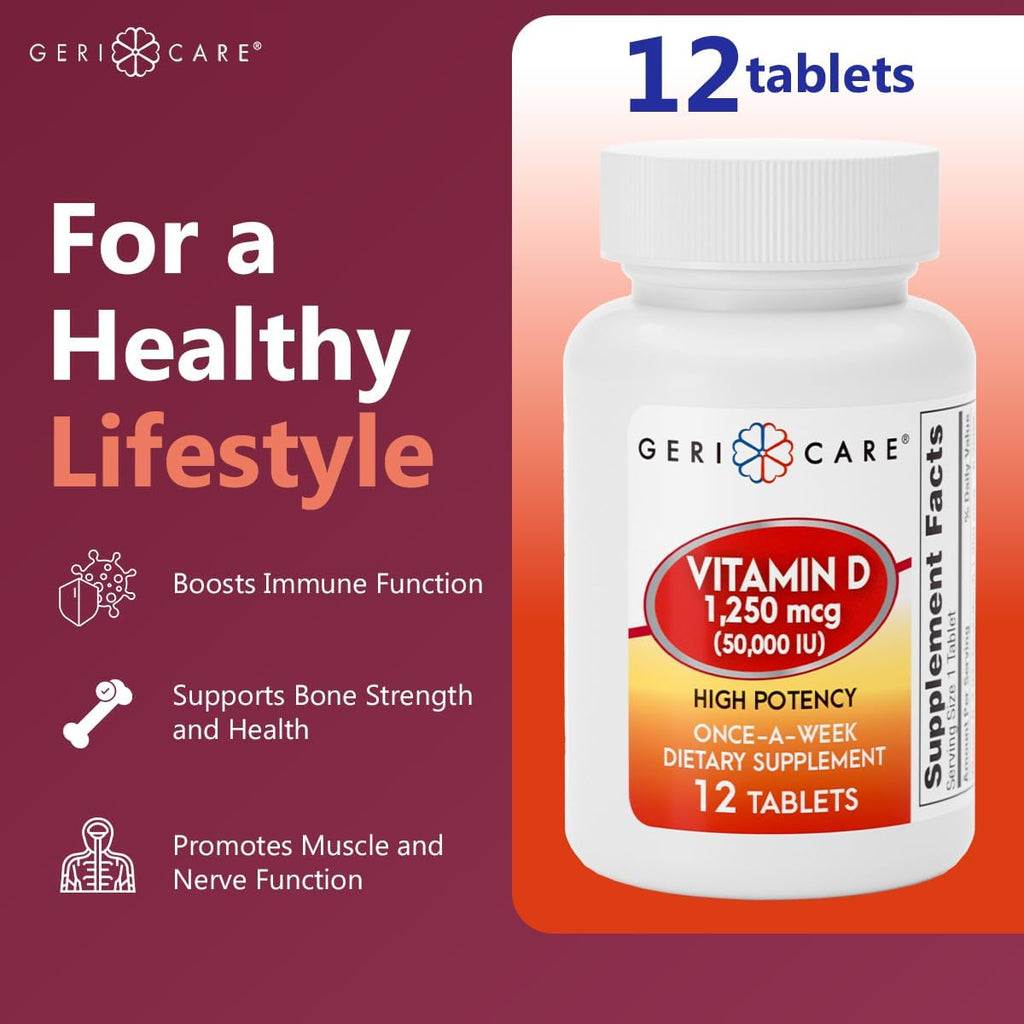 GeriCare Vitamina D 1.250 mcg (50.000 UI) Alta Potencia, 12 Cápsulas - Dosis Semanal