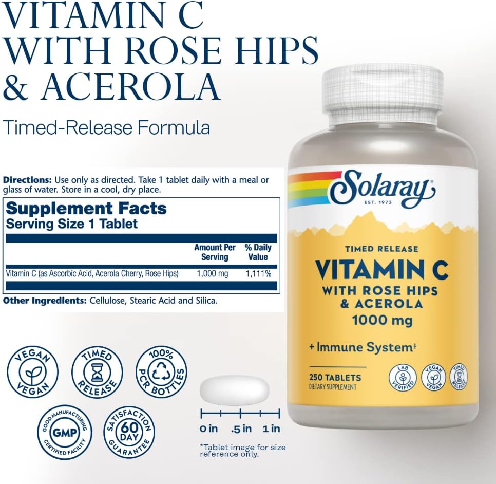 SOLARAY Vitamina C con Rosa Mosqueta y Acerola | 1000 mg | Liberación Gradual en Dos Fases | 250 Comprimidos
