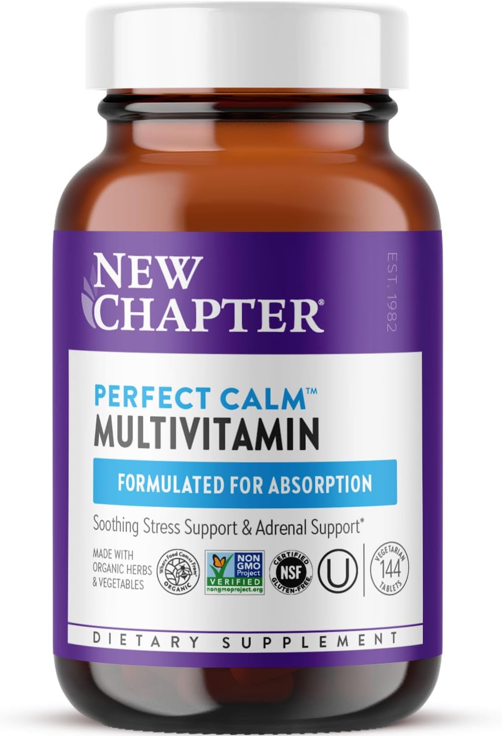 New Chapter Perfect Calm - Multivitamínico Diario para el Estrés y el Ánimo con Vitaminas B + Albahaca Santa + Melisa + Ingredientes Orgánicos - 144 Comprimidos