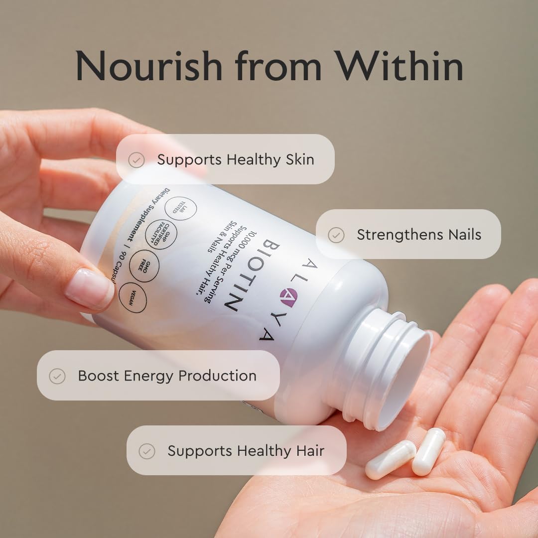 Alaya Biotin 10.000 mcg – 90 Cápsulas Veganas para Cabello, Piel y Uñas