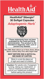 HealthAid Sibergin Siberian Eleuthero (Eleutherococcus senticosus) – Adaptógeno Natural – 30 Cápsulas Blandas