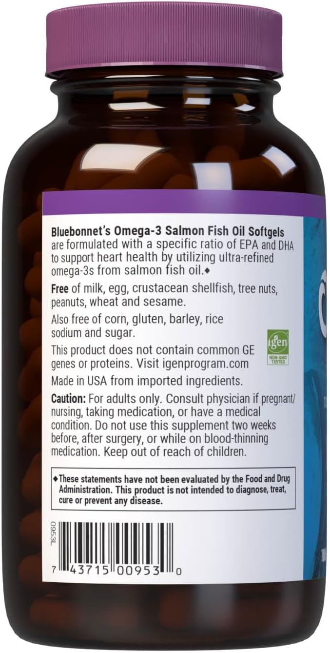 BlueBonnet Omega 3 1000mg Aceite de Salmón Salvaje - EPA DHA - 180 Cápsulas