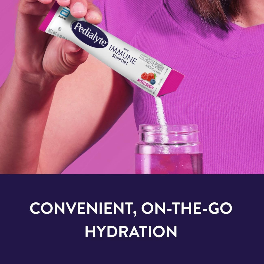 Pedialyte con Apoyo Inmunitario, Polvo para Bebida Electrolítica con Vitamina C y Zinc, Hidratación Avanzada, Paquete Variado: Fruta Punch y Baya Mixta, 24 Sobres de Polvo