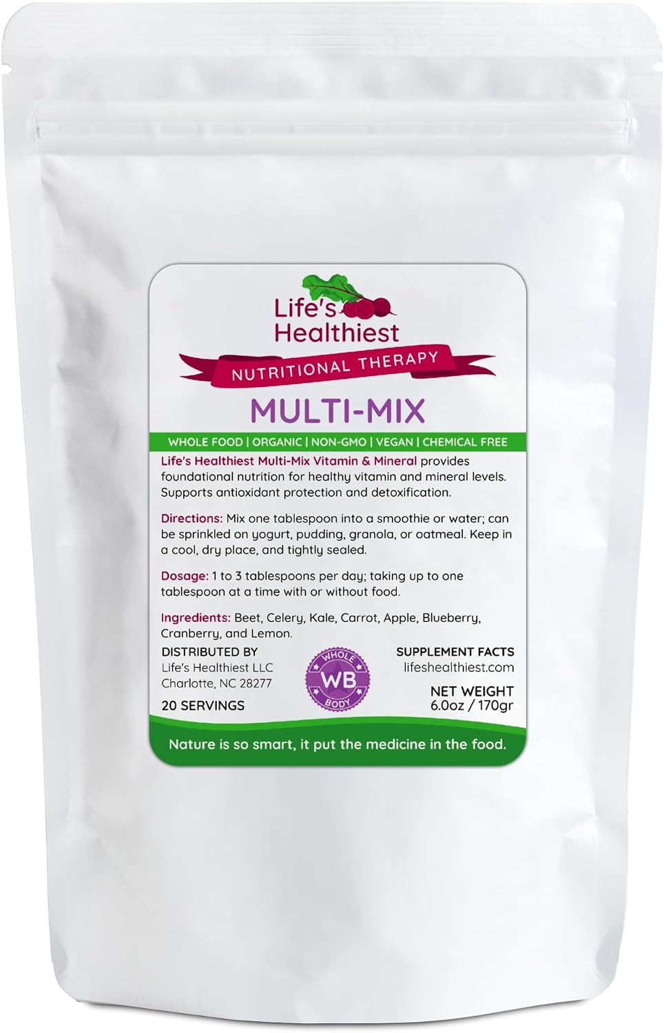 The Beet Lady Life's Healthiest Multi Mix - Complemento Alimenticio de Frutas y Verduras Orgánicas, Vegano, 170g