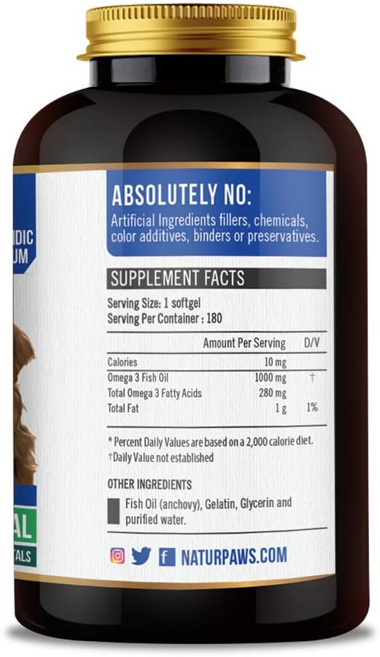 NaturPAWS Omega 3 para Perros y Gatos - 1000 mg de DHA y EPA - Apoya Piel, Pelaje, Articulaciones, Corazón y Sistema Inmunológico - 180 Cápsulas Blandas