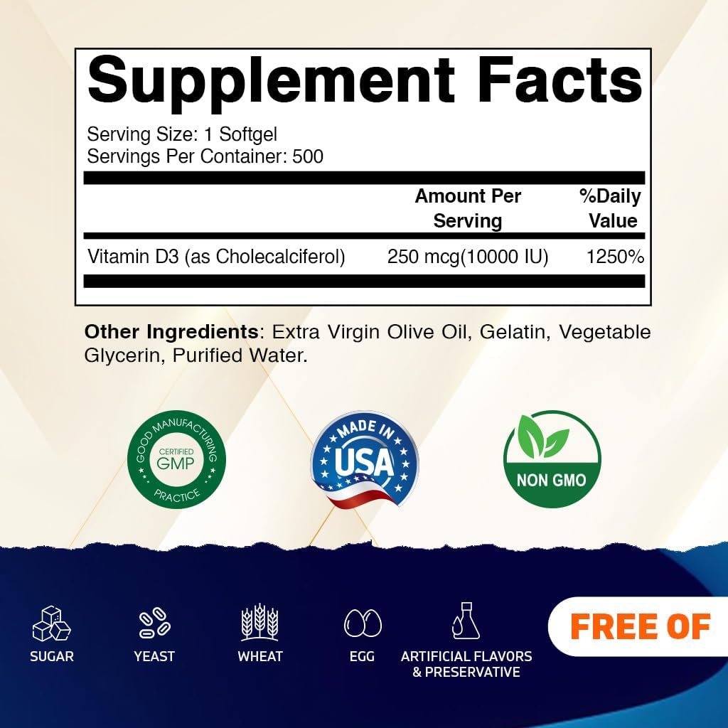 Vitamatic Vitamin D3 10000 IU (250 mcg) - 500 Softgels (Olive Oil Based), Non-GMO, Gluten Free in Cold-Pressed Mini Softgels