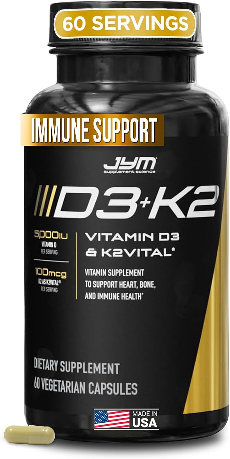 JYM D3 + K2: 5000 IU Vitamina D3 y 100 mcg Vitamina K2 MK-7 – Apoyo Óseo, Cardiovascular e Inmunológico (60 Cápsulas Vegetales)