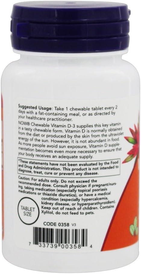 Now Foods Vitamina D-3 5000 UI Comprimidos Masticables, Sabor Menta, 120 Comprimidos