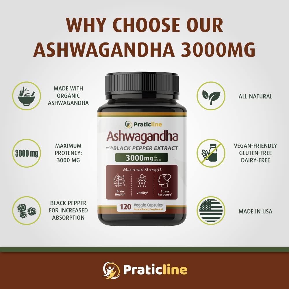 PRATIC LINE Ashwagandha Cápsulas 3000 mg - 120 Cápsulas Veganas con Polvo y Extracto de Raíz Orgánica. Sin Gluten. Hecho en EE. UU.