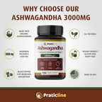 PRATIC LINE Ashwagandha Cápsulas 3000 mg - 120 Cápsulas Veganas con Polvo y Extracto de Raíz Orgánica. Sin Gluten. Hecho en EE. UU.