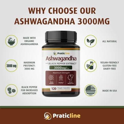 PRATIC LINE Ashwagandha Cápsulas 3000 mg - 120 Cápsulas Veganas con Polvo y Extracto de Raíz Orgánica. Sin Gluten. Hecho en – Image 3
