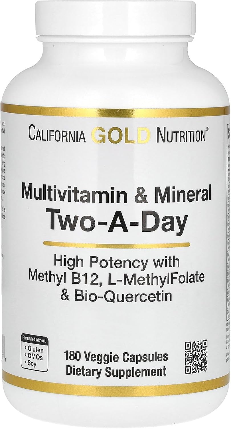 California Gold Nutrition Multivitamínico y Mineral con Metil B12, Vitamina C, L-Metilfolato y Bio-Quercetina - Two-A-Day, 180 Cápsulas Vegetales