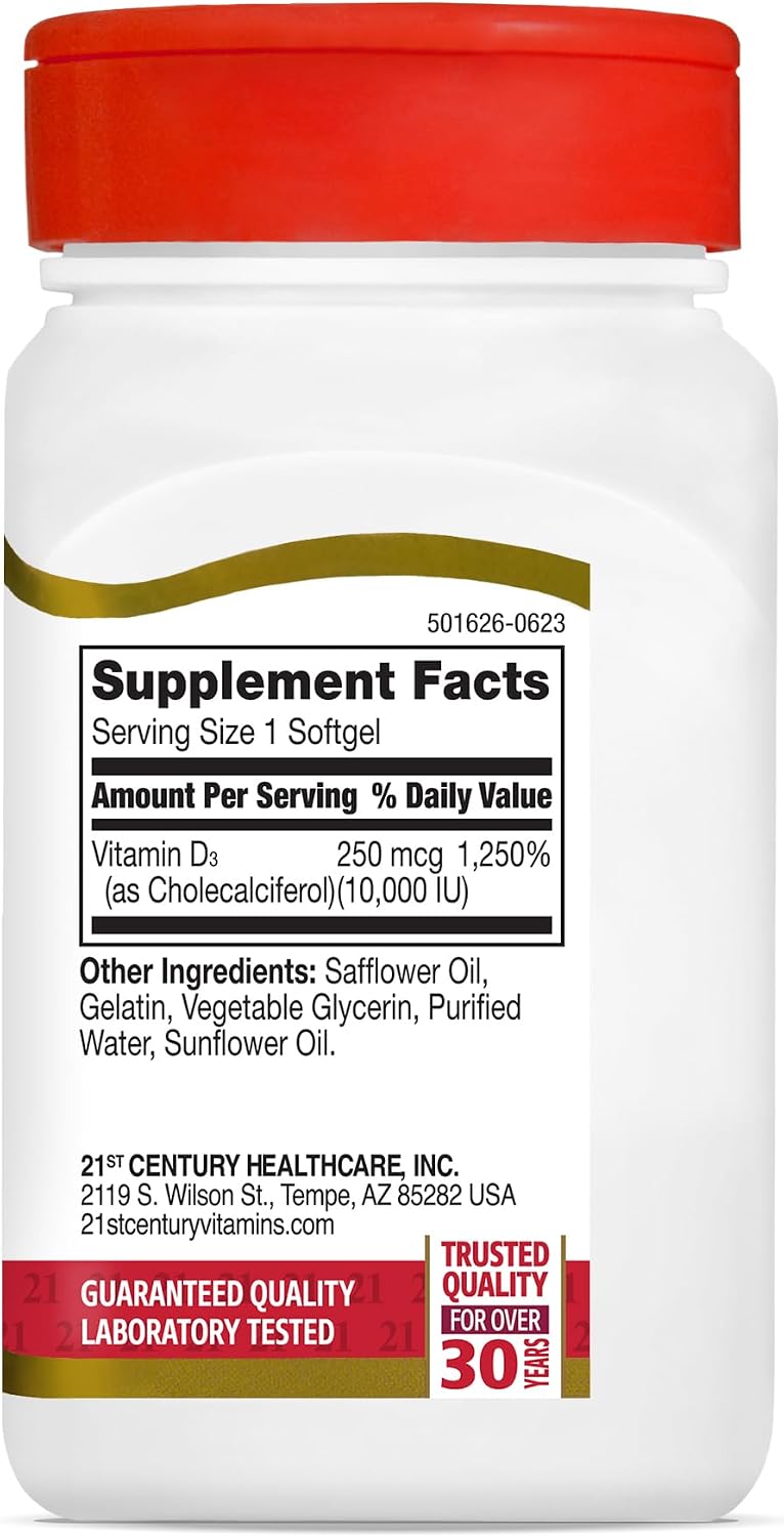 21st Century Vitamina D3 250 mcg (10.000 IU) Cápsulas Blandas de Liberación Rápida, 110 Unidades