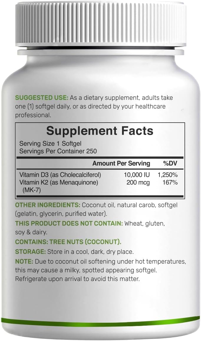 DEAL SUPPLEMENT Vitamina D3 10,000 UI + K2 MK7 200 mcg, 250 Cápsulas Blandas