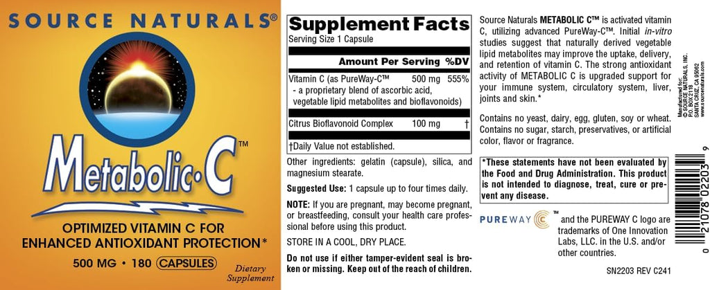 Source Naturals Metabolic C 500 mg Vitamina C, 180 Cápsulas