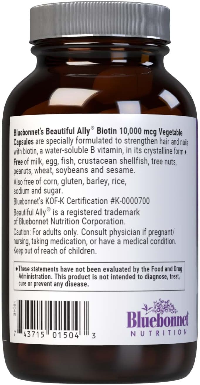 Bluebonnet Nutrition Beautiful Ally Biotina 10.000 mcg – Cápsulas Vegetales para Cabello y Uñas